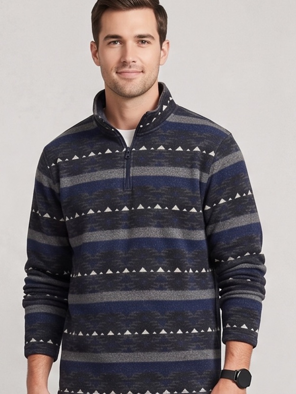 Lucky Brand Aztec Coastal Cowboy Navy & Gray Patterned Half-Zip Pullover NWOT